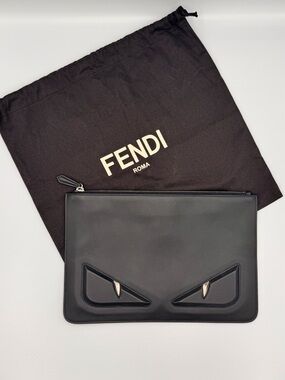 Fendi Black Leather Monster Bag Bugs Zip Pouch with Silver Accents